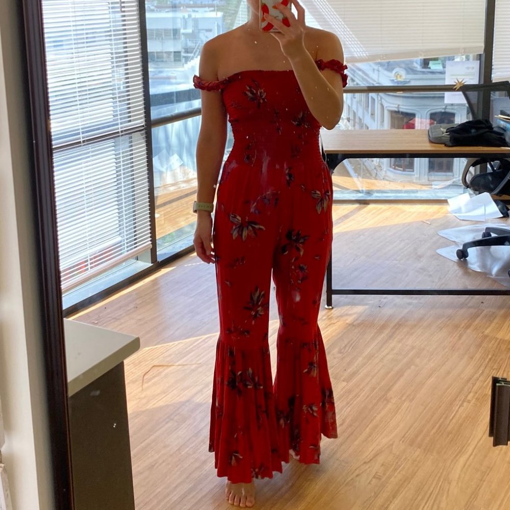Vici Red Floral Off-Shoulder Ruffled Jumpsuit